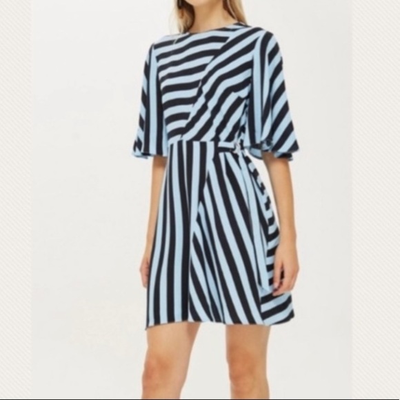 Topshop Blue Striped Bell Sleeve Mini Dress Size 2 - Picture 1 of 12